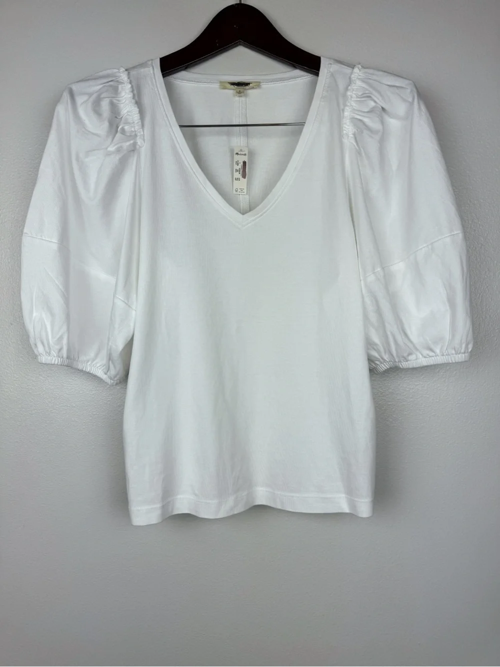 Madewell Puff Sleeve Relaxed Fit Cotton Jersey V-Neck Tee White Size S NWT